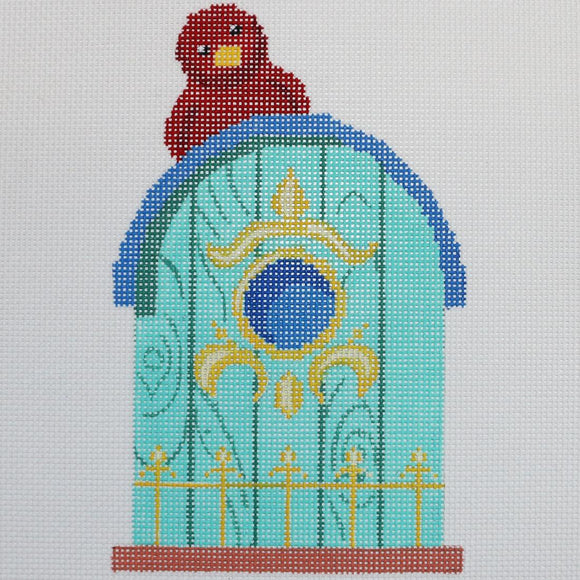 Turquoise Birdhouse w/Red Bird