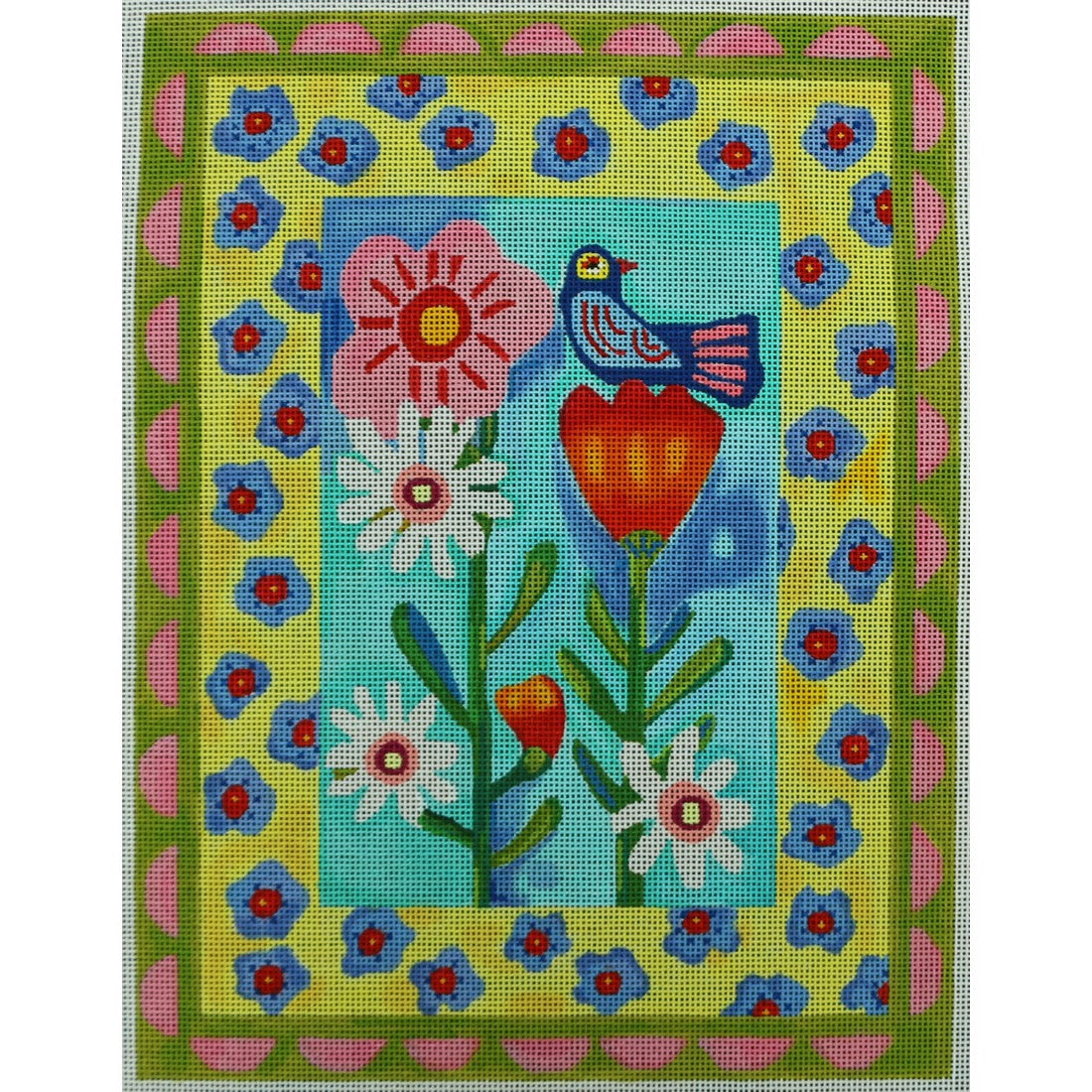 Blue Bird on Flowers with Borders