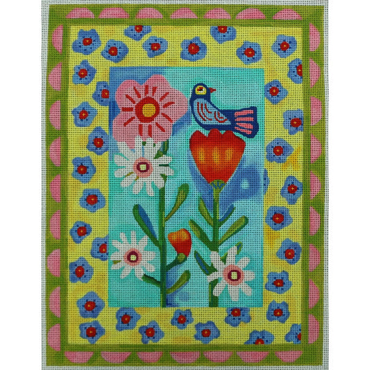 Blue Bird on Flowers with Borders