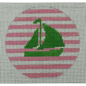 Sailboat on Stripe, Green & Pale Pink