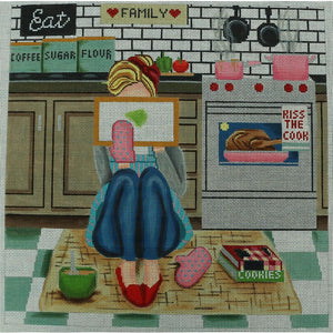 Girl Stitching in Kitchen