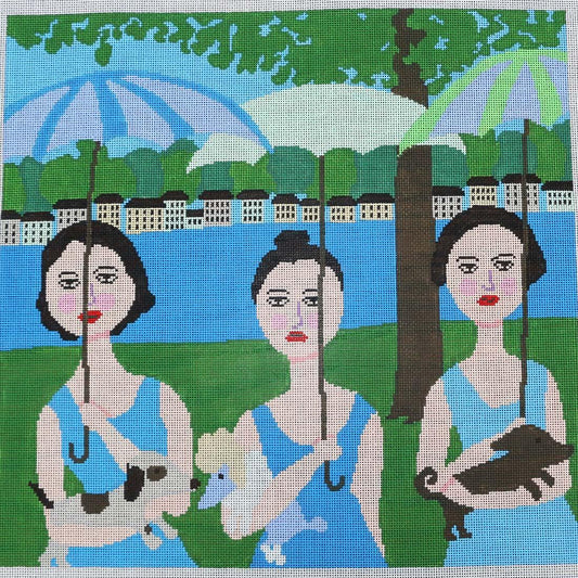 Ladies w/ Umbrellas & Dogs