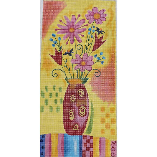 Red Vase of Flowers on Yellow