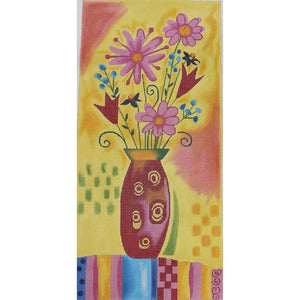 Red Vase of Flowers on Yellow