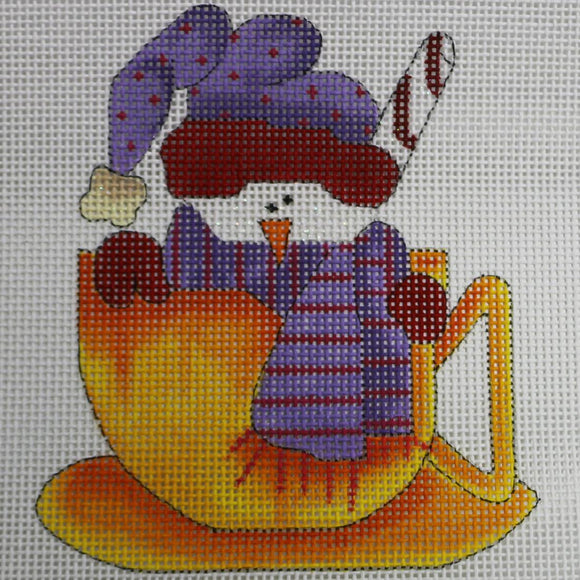 Snowman in Orange Teacup