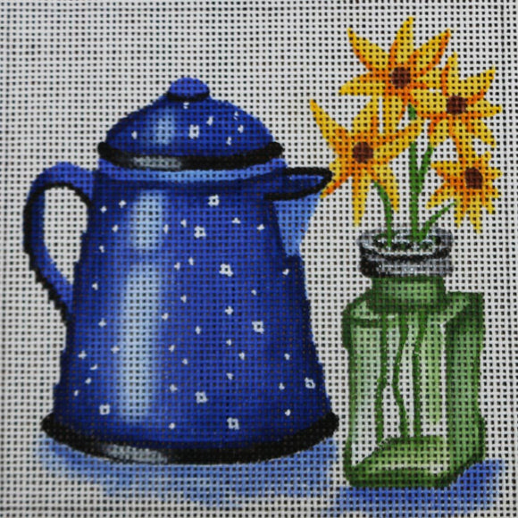 Blue Teapot and Flowers